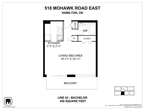 A floor plan for a 456 square feet apartment at 518 Mohawk Road East, Hamilton, ON.
